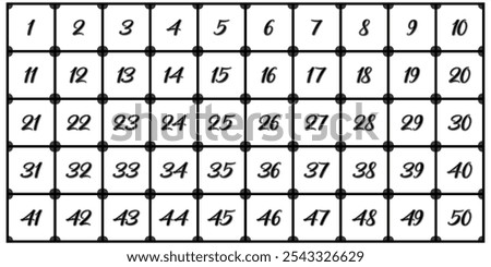 Number Chart 1-50 squares, black circles, gray, icons, logos, premium,