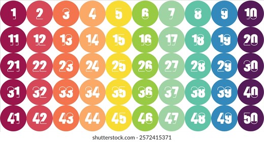 Number Chart 1-50 squares, kids full color circles, gray, icons, logos, premium,