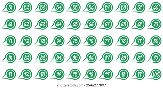Number Chart 51-100 squares, circle green set message, icon, logo, premium,