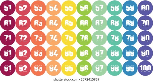 Number Chart 61-100 squares, kids full color circles, gray, icons, logos, premium,