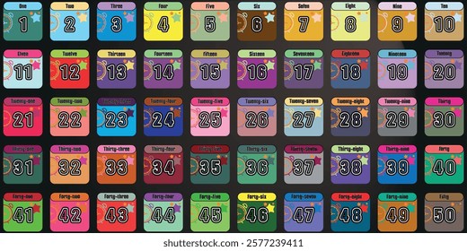 Number chart,1 to 50 alphabet cute learning colorful stars clock box premium icon kids