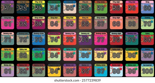 Number chart,51 to 100 alphabet cute learning colorful stars clock box premium icon kids