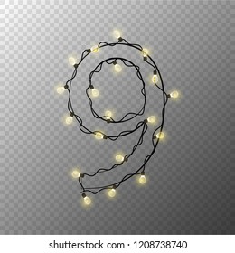 Number from the Christmas light garland on transparent background