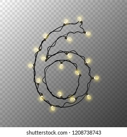 Number from the Christmas light garland on transparent background