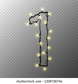 Number from the Christmas light garland on transparent background