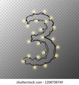 Number from the Christmas light garland on transparent background