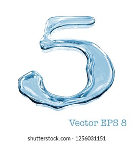 Number collection from clear transparent bluish water droplets - 5. Isolated on white background. Vector EPS 8.