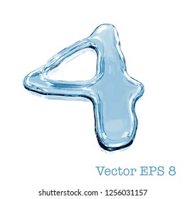 Number collection from clear transparent bluish water droplets - 4. Isolated on white background. Vector EPS 8.