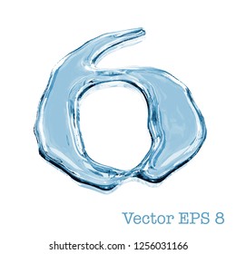Number collection from clear transparent bluish water droplets - 6. Isolated on white background. Vector EPS 8.