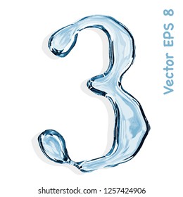 Number collection from clear transparent bluish water droplets - three. Vector EPS 8