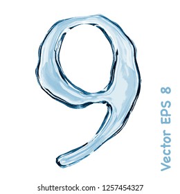 Número de gotas transparentes de agua azul - nueve. EPS vectorial 8