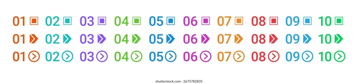 Number color bullet points. List bullet point with arrows title graphics. Highlight pointers, order tag, info button infographic elements. Presentation headline marker. Vector set.