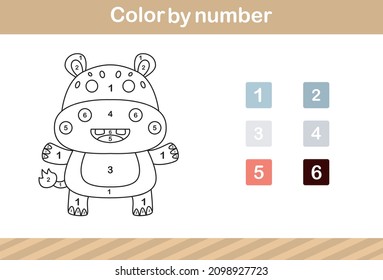 Number coloring of Cute hippo Educational game for children