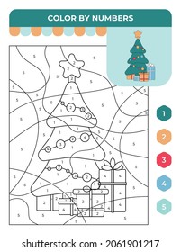 Number coloring game for children, Christmas children game, Christmas tree with presents