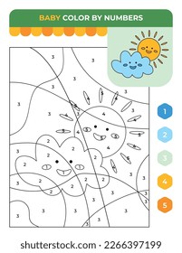 Number coloring game for children, sun cloudy weather, spring children game