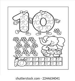 number coloring page 0,1,2,3,4,5,6,7,8,9,10 vector illustration.