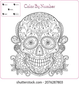 Number coloring page for adult , sugar skull, flower, 