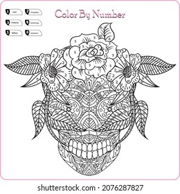 Number coloring page for adult , sugar skull, flower, 