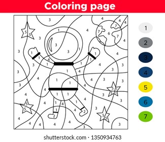 Number coloring page. Cartoon astronaut. Space theme. Vector stars and planet Earth.