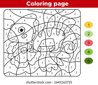 Number coloring page for children. Cartoon chameleon with exotic flower. Jungle animals. Educational game for preschoolers. Learn numbers and colors.