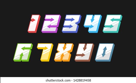 Number colourful set in 3d italic vintage style with arrows in speedy srtyle trendy typography consisiting of 1 2 3 4 5 6 7 8 9 0 for poster design or greeting card. Vector modern font