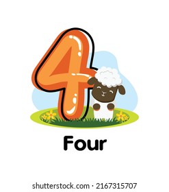 Number counting of 4 clipart design with cartoon style. Numeric number of Four with animal clipart. Number of 4 cartoon design typography using kindergarten preschool math page.