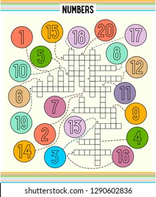 Number crossword for kids learning english. Words game for children. Complete the puzzle. Educational worksheet for kids