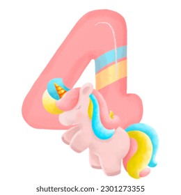 Number  with cute unicorn, font in hand-drawn cartoon style. Vector illustration for your design