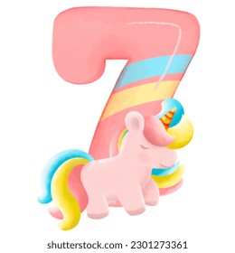 Number  with cute unicorn, font in hand-drawn cartoon style. Vector illustration for your design