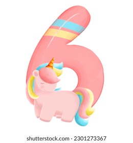 Number  with cute unicorn, font in hand-drawn cartoon style. Vector illustration for your design