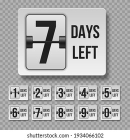 Número de días que quedan. Cuenta regresiva días a la izquierda. Cuenta el tiempo de venta. Quedan nueve, ocho, siete, seis, cinco, cuatro, tres, dos, uno, cero días.