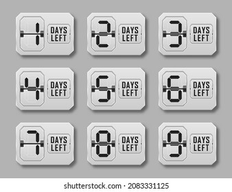 Number of Days Left. Countdown left days. Count time sale. Set of mechanical scoreboard digits.