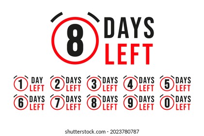 Number days left countdown design template with clock icons and red color theme. Vector for company  business project.