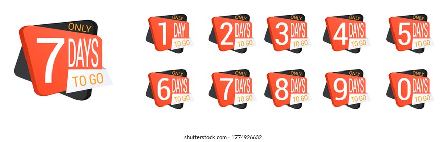 Number days left countdown. Days to go for promotion, sale, landing page, template, ui, web, mobile app, poster, banner, flyer. Vector set number countdown 0 to 9