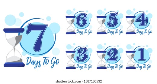 Number of days left countdown vector illustration template. Hourglass with numbers and "Days Left" text. Countdown set from Day 7 to Day 1. EPS 10 vector.