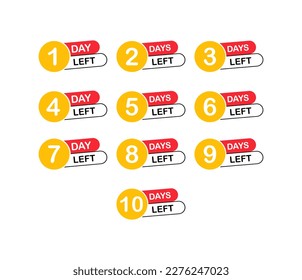 Die Anzahl der verbleibenden Tage. Flat, gelb, rot, Countdown-Tage festgelegt. Vektorgrafik.