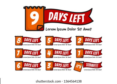 Number days left with note or date illustration set from number 9 until 0 or today