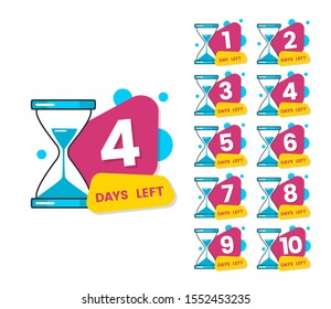 Number of days left set of icons and labels with a hourglass for sale vector illustration isolated on white background. Countdown symbols to display discount date.