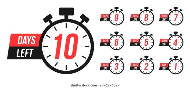 Number of days left to sign for sale or promotion. Countdown timer. Stopwatches set. Timer, clock vector illustrations set
