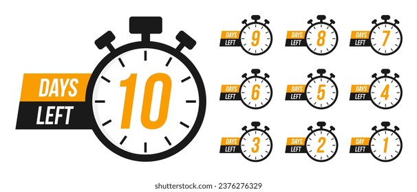 Number of days left to sign for sale or promotion. Countdown timer. Stopwatches set. Timer, clock vector illustrations set