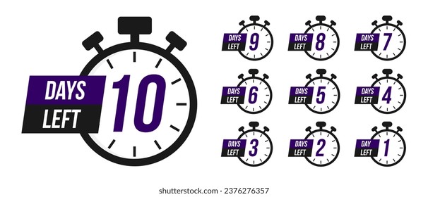 Number of days left to sign for sale or promotion. Countdown timer. Stopwatches set. Timer, clock vector illustrations set
