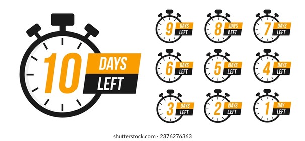 Number of days left to sign for sale or promotion. Countdown timer. Stopwatches set. Timer, clock vector illustrations set