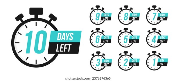 Number of days left to sign for sale or promotion. Countdown timer. Stopwatches set. Timer, clock vector illustrations set