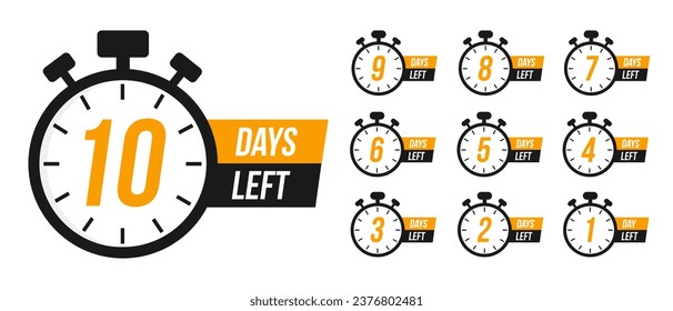 Number of days left to sign for sale or promotion. Countdown timer. Stopwatches set. Timer, clock vector illustrations set