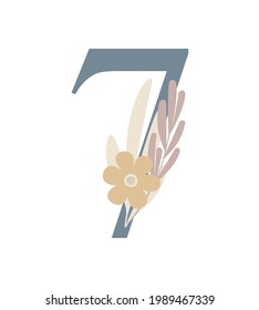 Number decorated with flowers, floral monogram vector illustration in simple boho style, flat pastel colored decorative lettering collection