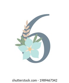 Number decorated with flowers, floral monogram vector illustration in simple boho style, flat pastel colored decorative lettering collection