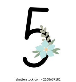 Number decorated with flowers, floral monogram vector illustration in simple boho style, flat pastel colored decorative lettering collection
