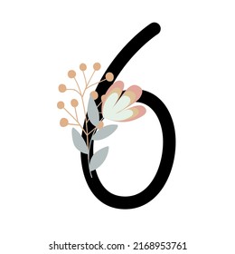 Number decorated with flowers, floral monogram vector illustration in simple boho style, flat pastel colored decorative lettering collection