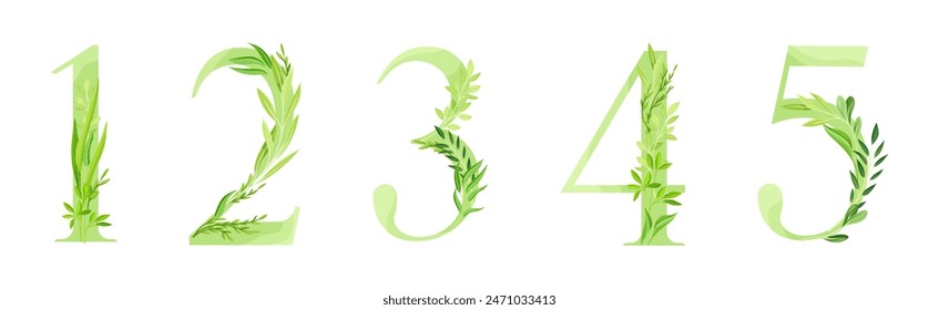 Number Decorated with Green Foliage and Leaf Vector Set