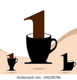 Number design for coffee cup. Coffee mug with number typography vector design. 0-9 all numbers and signs in coffee and any beverage mugs. One; numeral and word logo for number. 